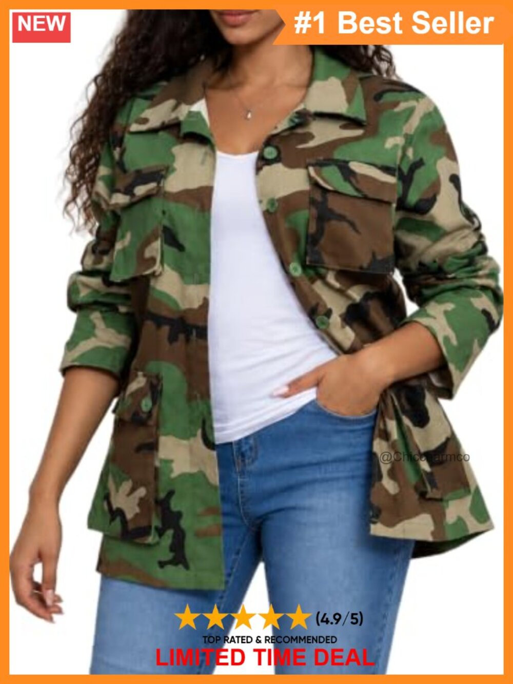 Women's Camo Cargo Utility Jacket Army Fatigue Button Front Relaxed Fit